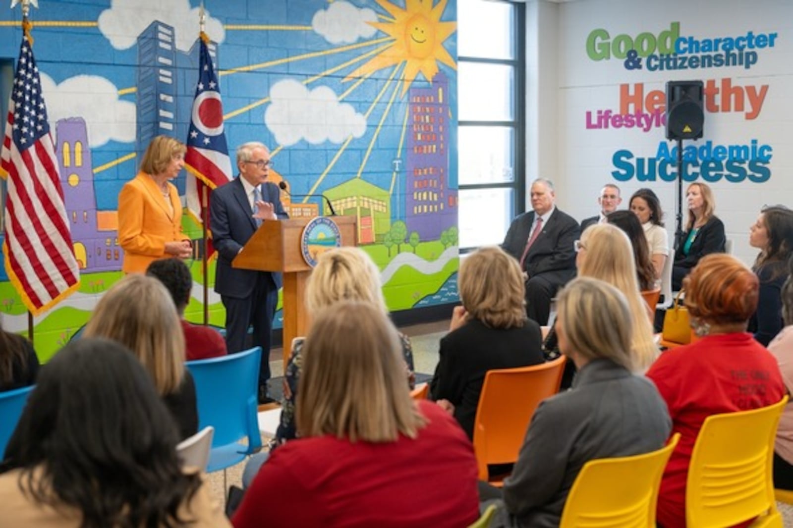 Ohio Gov. Mike DeWine, standing next to Ohio's First Lady Fran DeWine, and Ohio Department of Children and Youth (DCY) Director Kara B. Wente announced at a press conference in Toledo the launch of an effort to improve birth outcomes and reduce infant mortality rates. CONTRIBUTED