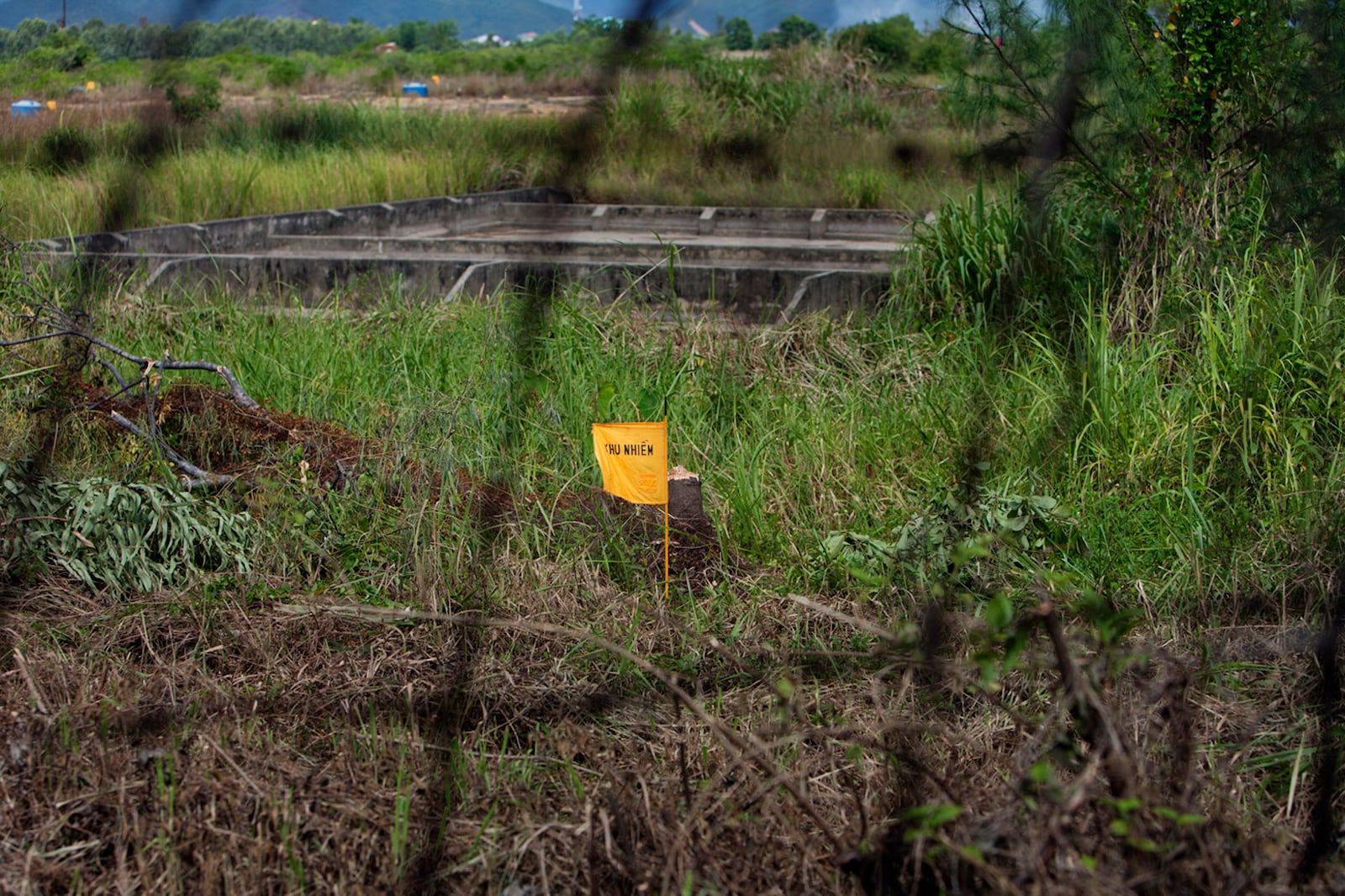 FILE- A yellow flag marks a field contaminated with dioxin near Danang airport, during a ceremony marking the start of a project to clean up dioxin left over from the Vietnam War, at a former U.S. military base in Danang, Vietnam Thursday Aug. 9, 2012. (AP Photo/Maika Elan, File)