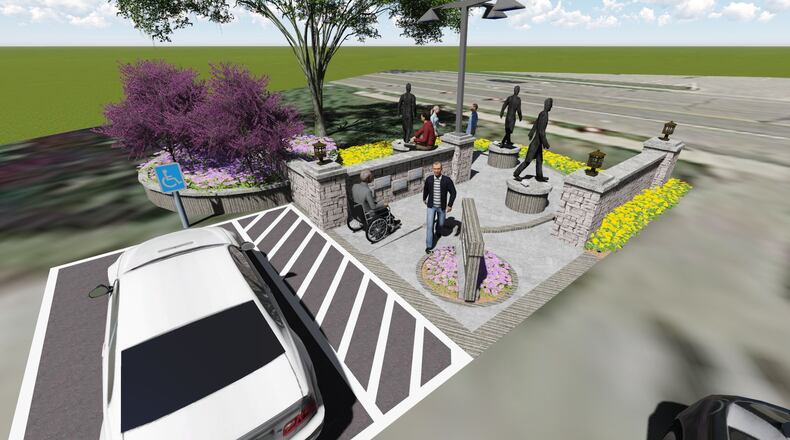 The proposed Troy Aviation Heroes Statue Project would recognize Clayton Brukner, Robert N. Hartzell and Nancy Currie-Gregg with statues on city park land immediately north of the senior citizens center and west of North Market Street. SUBMITTED