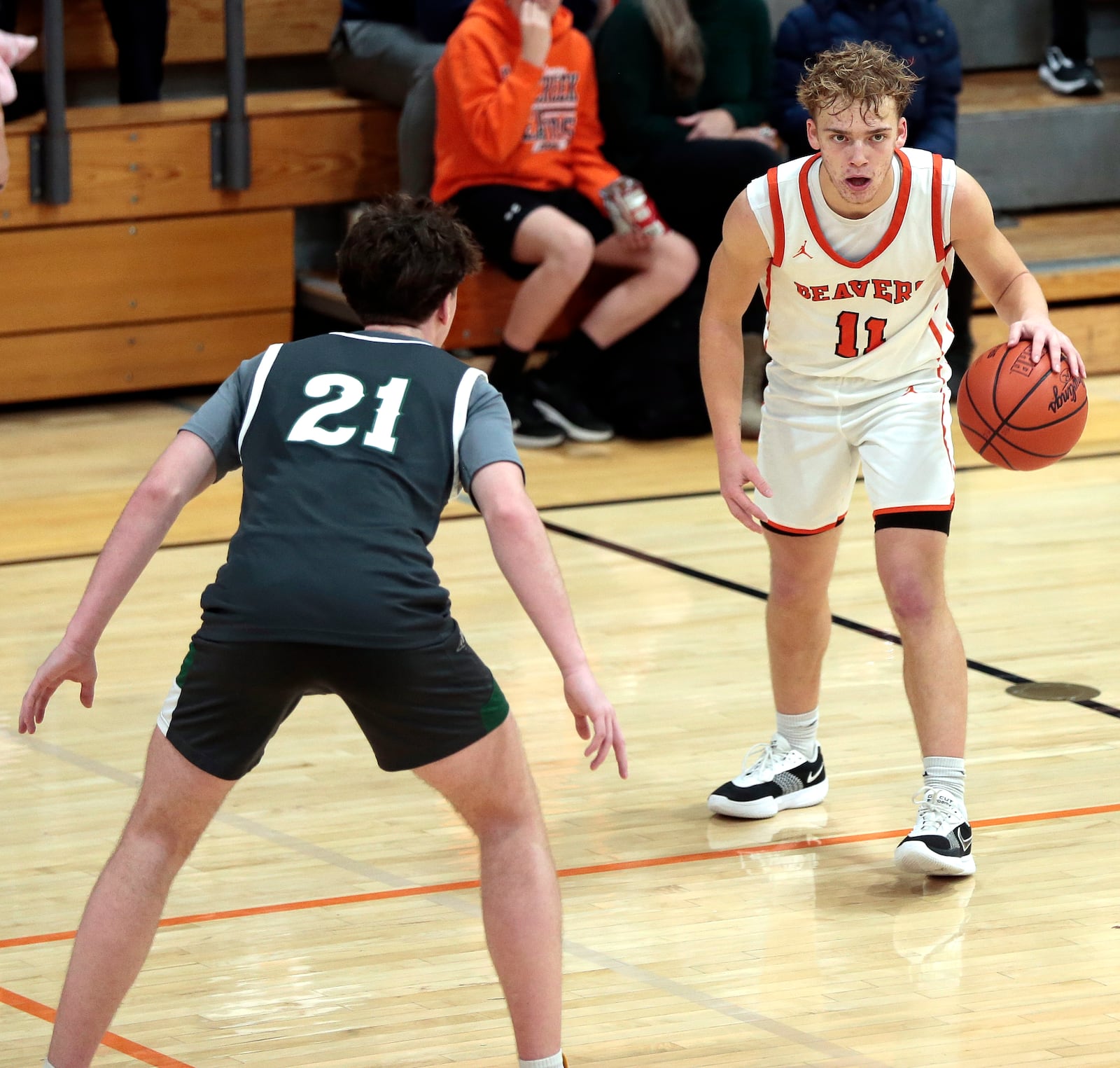 Beavercreek senior David Svoboda (11) scans the floor during a non-league contest against Troy Christian at home Tue., Dec. 2, 2025. STEVEN WRIGHT / STAFF