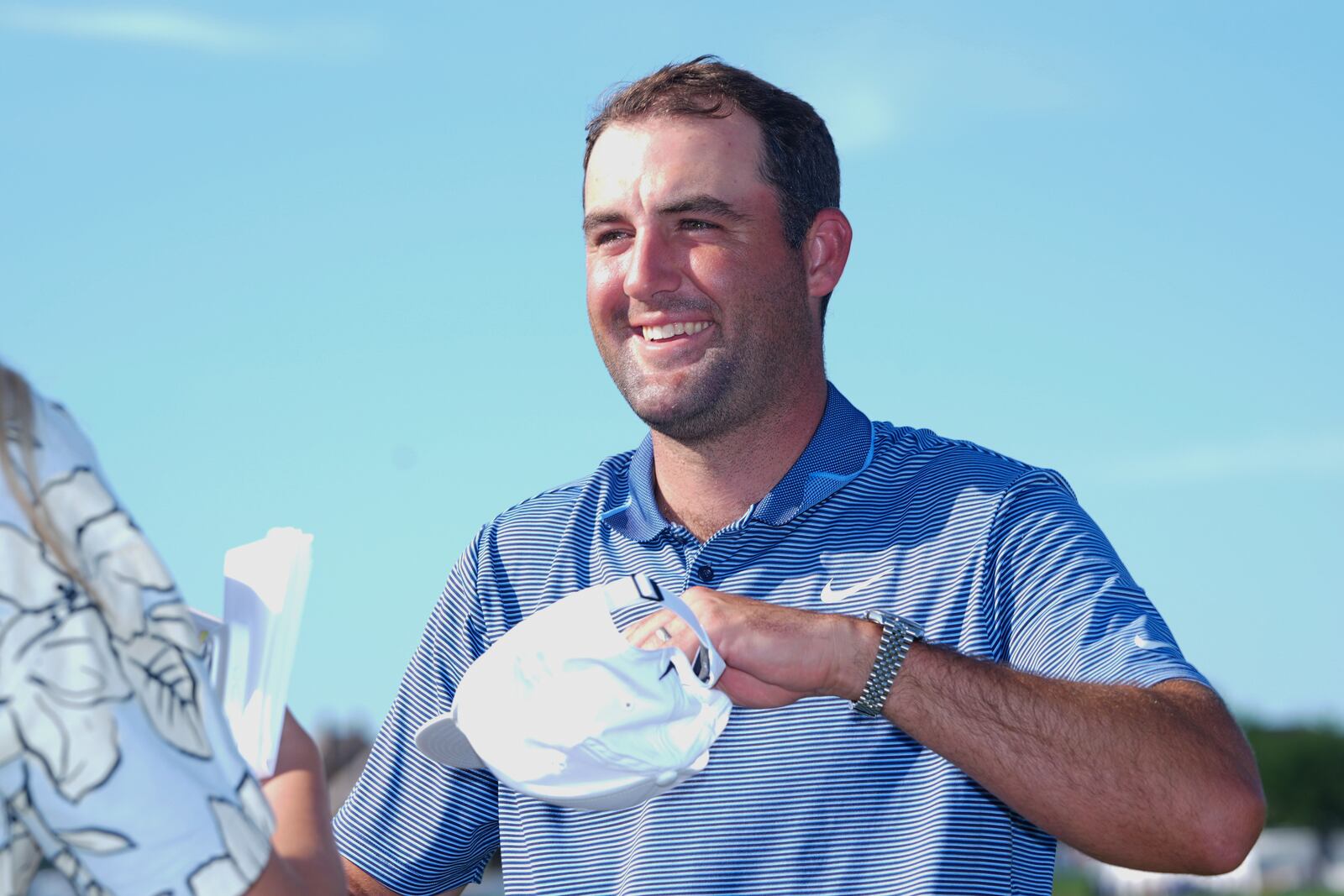 Scottie Scheffler smiles after winning the CJ Cup Byron Nelson golf tournament in McKinney, Texas, Sunday, May 4, 2025. (AP Photo/LM Otero)