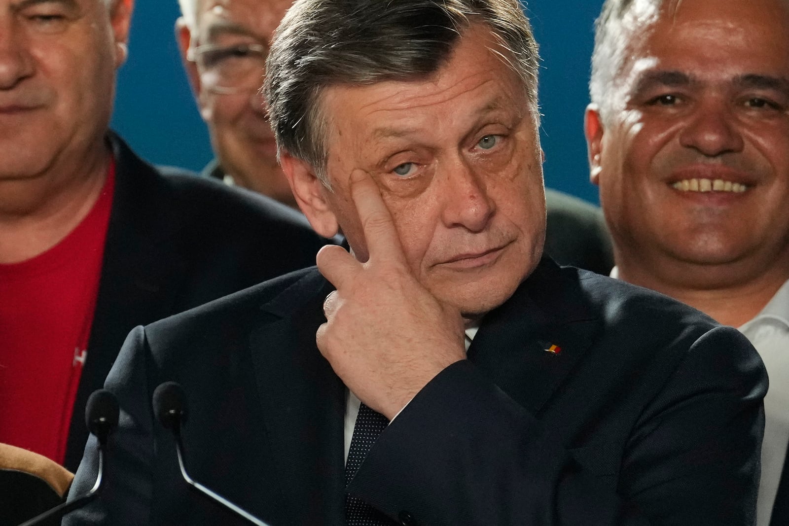 Presidential candidate Crin Antonescu attends a meeting with supporters after polls closed for the first round of the country's presidential election redo in Bucharest, Romania, Sunday, May 4, 2025. (AP Photo/Vadim Ghirda)