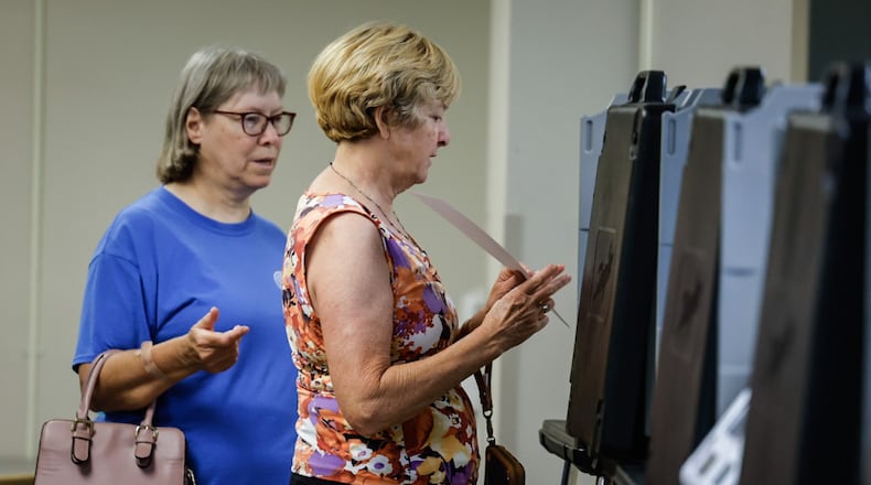 Debbie Miller, left and Rosie Miller cast their early ballot at the Montgomery County Board of Elections Tuesday July 11, 2023, JIM NOELKER/STAFF