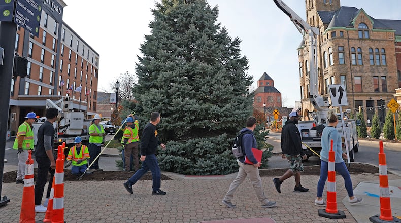 A crew from the City of Springfield works to set the annual Holiday Tree into place Friday, Nov. 4, 2022 on the downtown esplanade. This year's tree was donated by Steve Hamilton on Reno Road. The tree will be decorated with thousands of LED lights and officially illuminated with the rest of downtown during the Holiday in the City celebration on Nov. 25. BILL LACKEY/STAFF