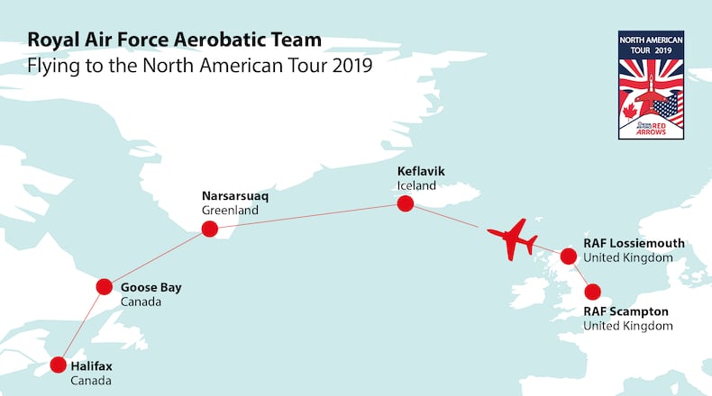 The Royal Air Force’s Red Arrows will stop in Dayton in September.