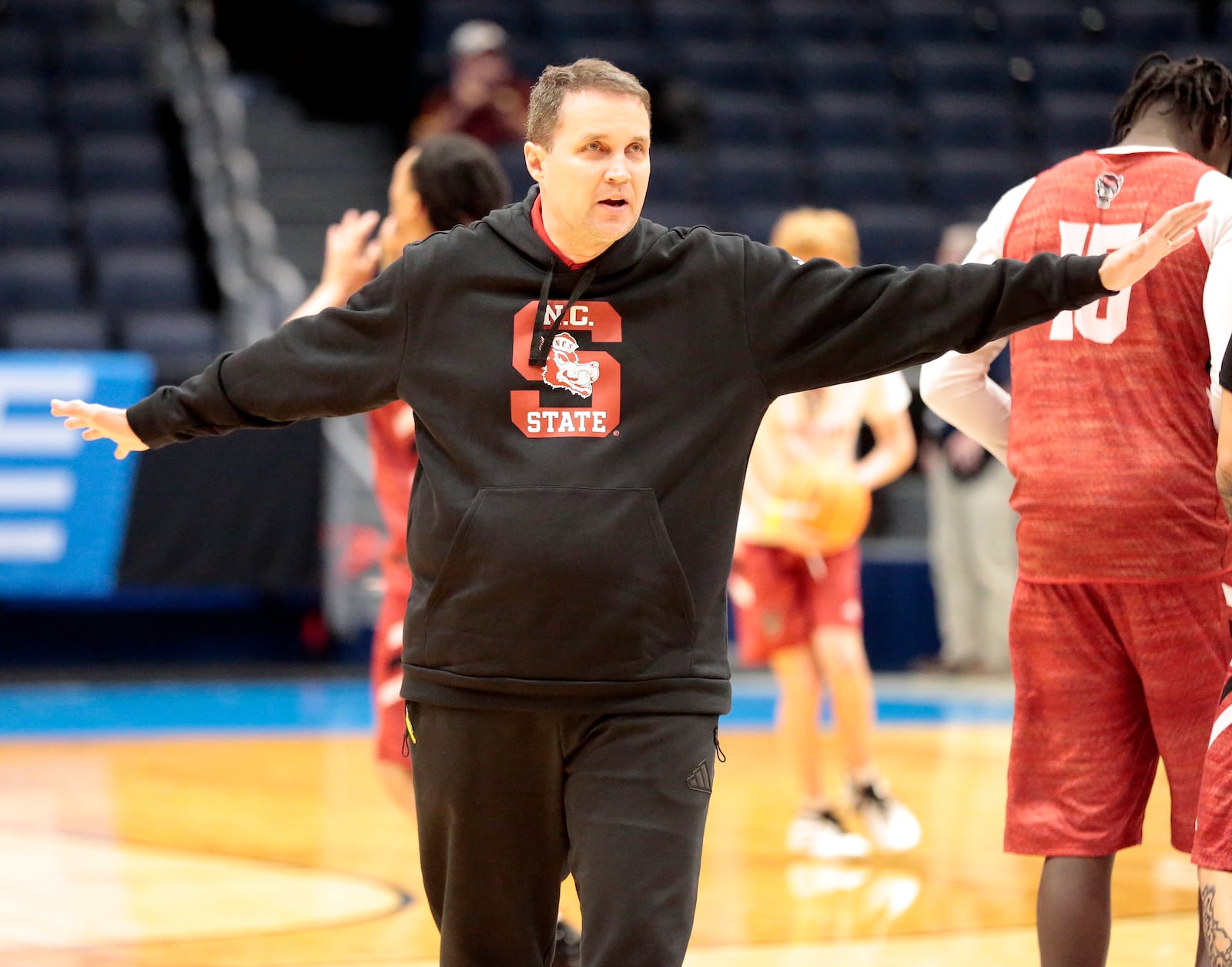 North Carolina State head coach Will Wade instructs his team during the open practice session in preparation for the First Four on March 16, 2026, at UD Arena. STEVEN WRIGHT / STAFF