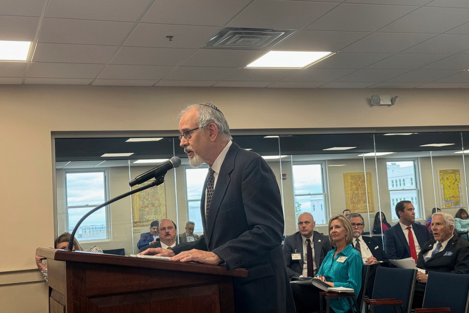 Steve Silverman, who has been a rabbi in Alabama for 35 years, testifies in front of state legislators, in Montgomery, Ala., March 5, 2025. (AP Photo/Safiyah Riddle)