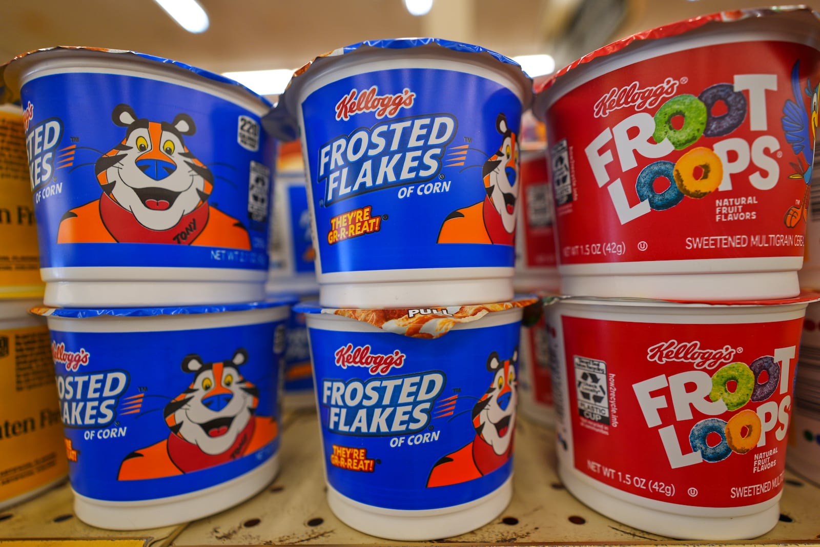 Kellogg's cereal products are shown at a grocery store in Richardson, Texas, Friday, July 11, 2025. (AP Photo/LM Otero)