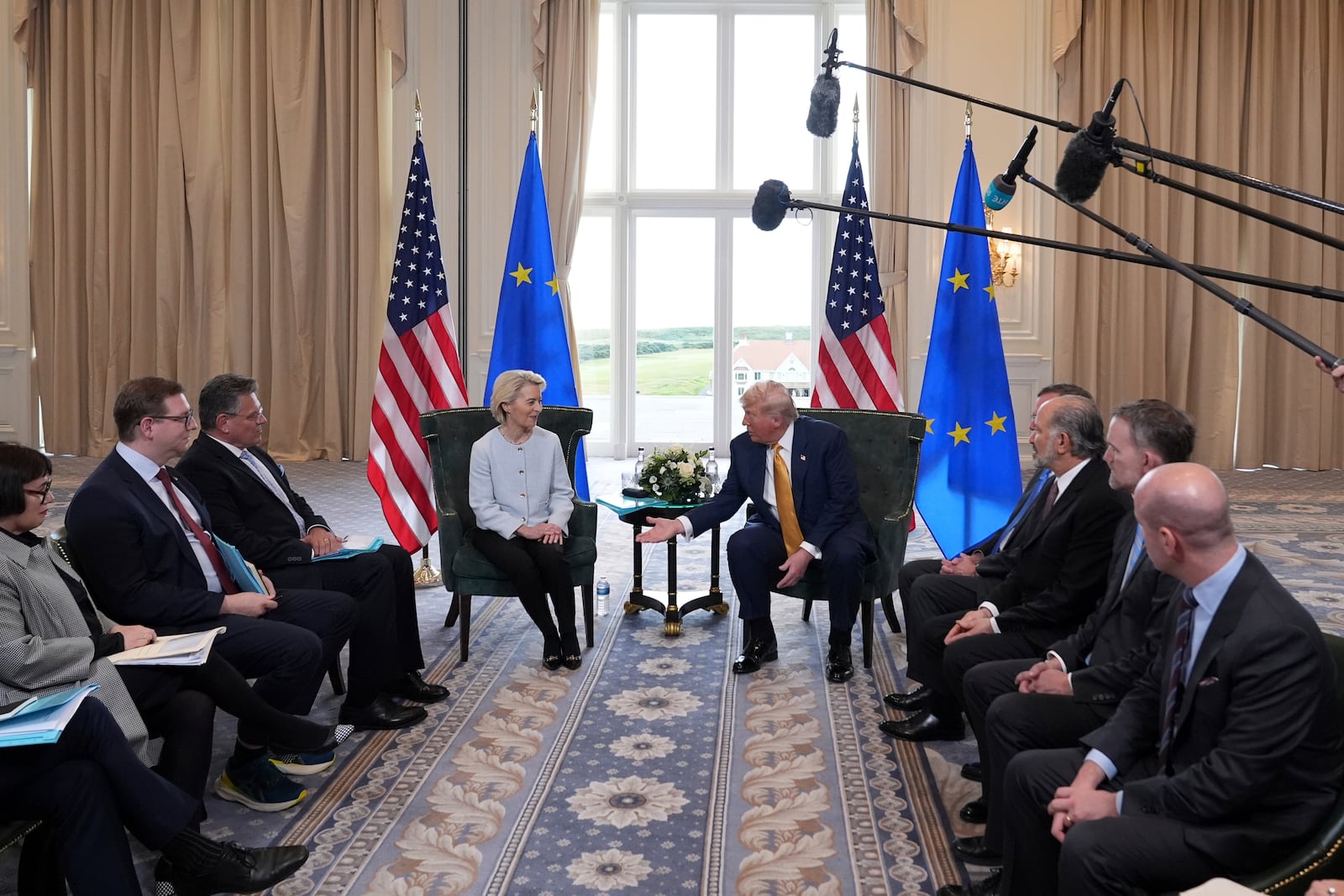 President Donald Trump meets European Commission President Ursula von der Leyen for talks at the Trump Turnberry golf course in Turnberry, Scotland Sunday, July 27, 2025. (AP Photo/Jacquelyn Martin)