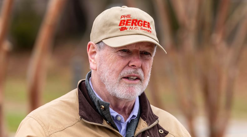 Phil Berger, candidate for North Carolina State Senate, campaigns at Douglass Elementary in Eden, N.C., on Tuesday, March 3, 2026. (Woody Marshall/News & Record via AP)