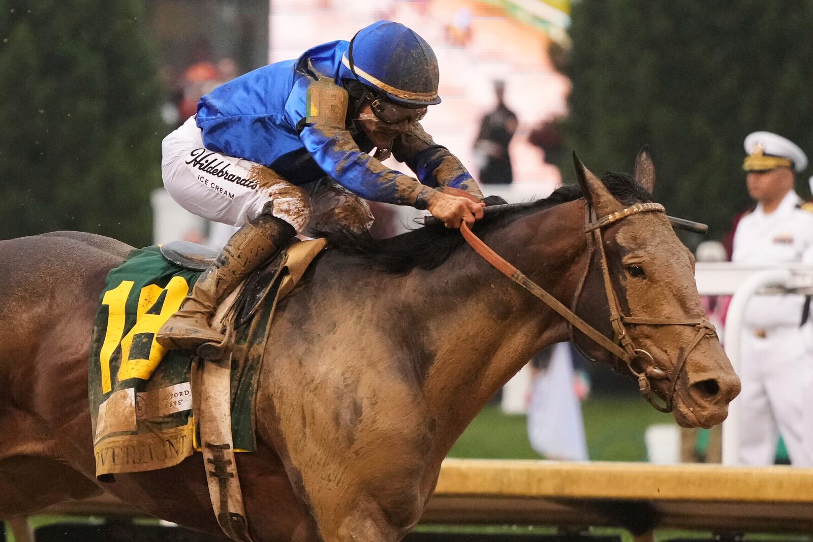 FILE - Sovereignty, ridden by Junior Alvarado, heads to the finish line to win the 151st running of the Kentucky Derby horse race at Churchill Downs Saturday, May 3, 2025, in Louisville, Ky. (AP Photo/Jeff Roberson, File)