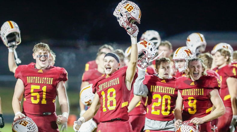 Northeastern High School senior Dylan Haggy celebrates after the Jets beat Waynesville 45-22 for their first-ever playoff victory on Friday night at Conover Field. CONTRIBUTED PHOTO BY MICHAEL COOPER