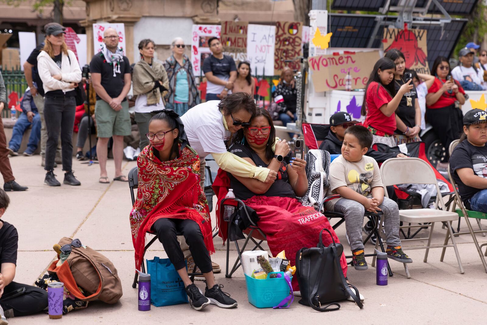 Family members listen to speeches at a Missing Murdered Indigenous People awareness rally in Santa Fe, N.M., Sunday, May 4, 2025. (Nilaya Sabnis via AP)