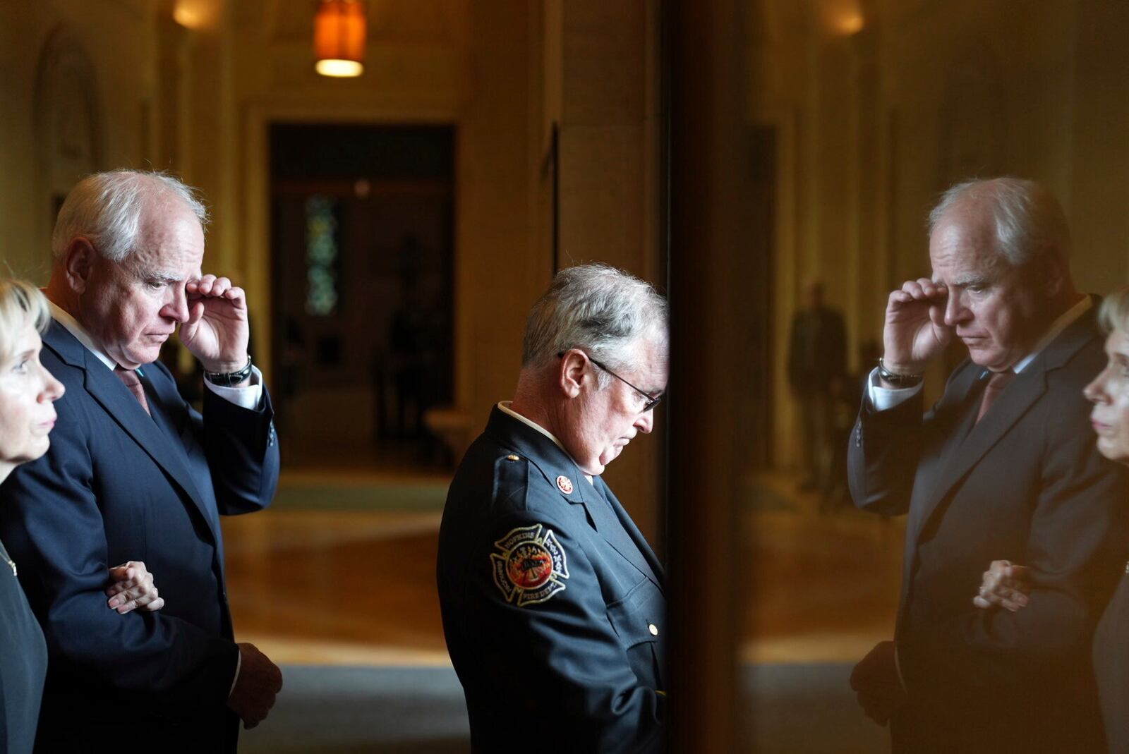Gwen Walz, left, and Gov. Tim Walz exit the Basilica of St. Mary following funeral services for Mark and Melissa Hortman at the Basilica of St. Mary in Minneapolis, Minn., on Saturday, June 28, 2025. (Alex Kormann/Star Tribune via AP, Pool)