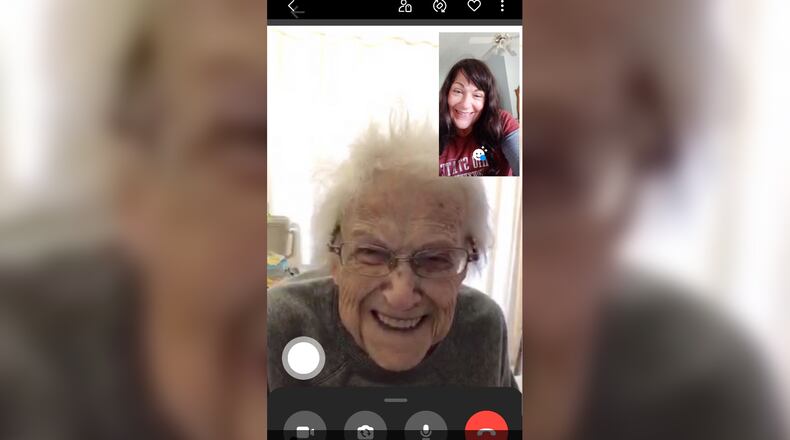 Ruth Parks meets virtually with her granddaugher Kelly Perry when nursing homes were no longer allowed to have visitors. Parks turned 100 last March but died of COVID-19 in November. SUBMITTED