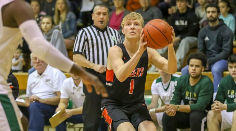 West Liberty-Salem High School’s Matthew Loffing shoots the basketball during their game at Catholic Central’s Jason Collier Gymnasium on Friday night in Springfield. The Tigers won 57-50. CONTRIBUTED PHOTO BY MICHAEL COOPER
