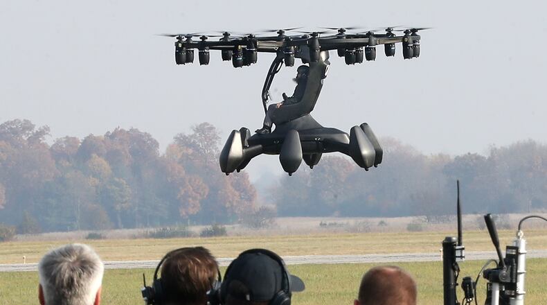 The Lift Aircraft company demonstrates their advanced air mobility system, or flying car, during an Advanced Air Mobility Showcase at Springfield-Beckley Municipal Airport, which has become a recent hub for the testing and development of that technology. BILL LACKEY/STAFF
