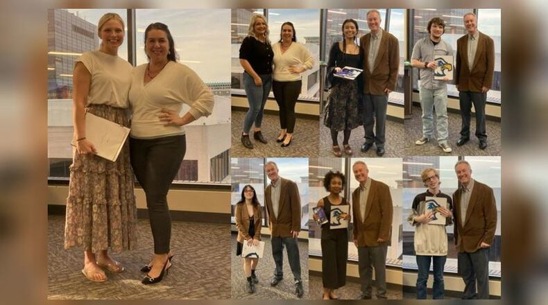 Clark State College’s Creative Writer’s Club recently hosted and announced the winners of its regional poetry and essay contests. The essay winners were: Lexi Wiley (left), Wyatt Thomas Teets (not pictured) and Taylor Raskay (top, left middle). The poetry winners were: Sydney Hall (top, right middle), Alan James (top right) and Olivia Baum (bottom, left middle). Some honorable mentions include: Sachea Pettigrew (bottom, right middle), Nathaniel Shingler (bottom right) and Alyvia K. Spriggs (not pictured).