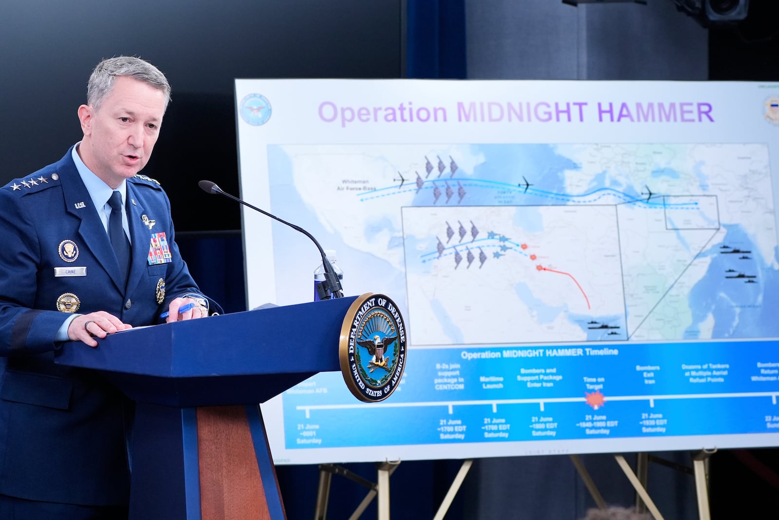 Joint Chiefs Chairman Gen. Dan Caine speaks during a news conference at the Pentagon in Washington, Sunday, June 22, 2025, after the U.S. military struck three sites in Iran, directly joining Israel's effort to destroy the country's nuclear program. (AP Photo/Alex Brandon)