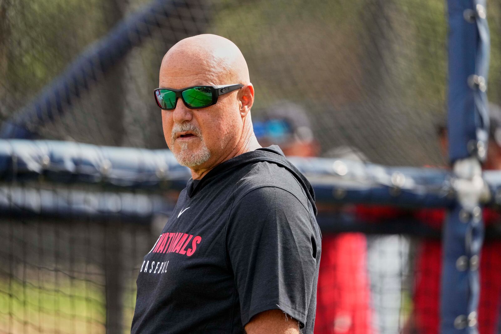 FILE - Washington Nationals general manager Mike Rizzo watches during a spring training baseball practice Tuesday, Feb. 18, 2025, in West Palm Beach, Fla. (AP Photo/Jeff Roberson, File)