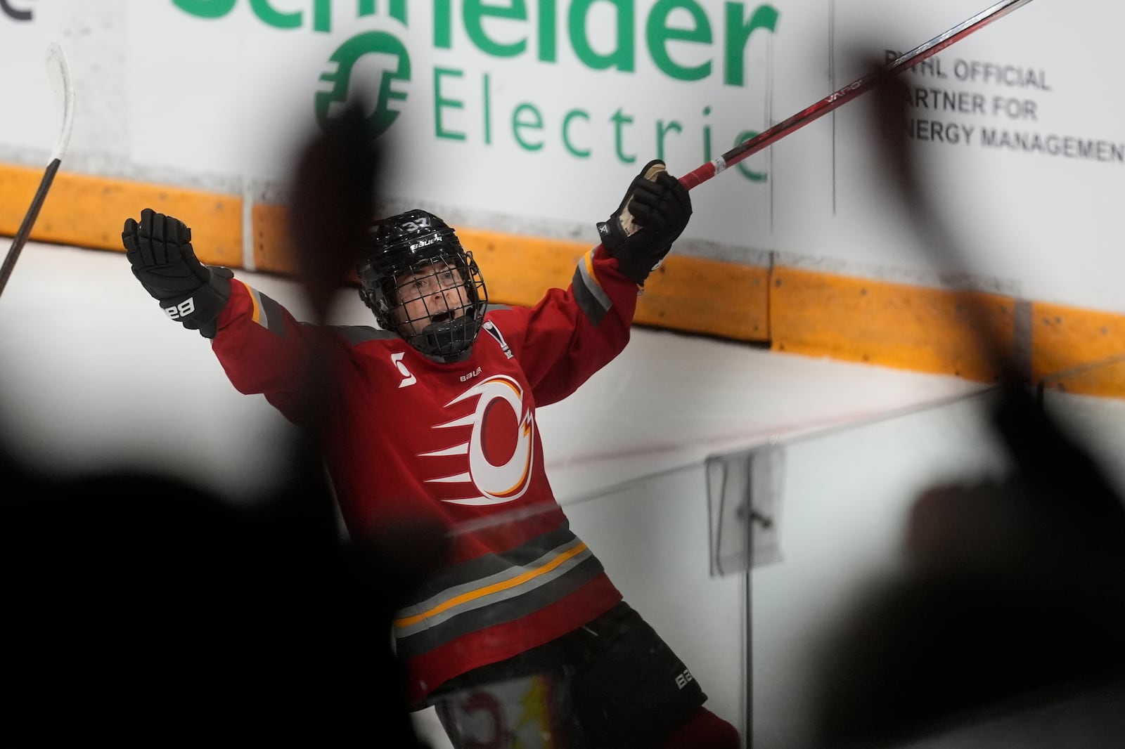 Ottawa Charge forward Rebecca Leslie (37) celebrates her goal against the Minnesota Frost during second period of a PWHL final game, Tuesday May 20, 2025 in Ottawa. (Adrian Wyld/The Canadian Press via AP)