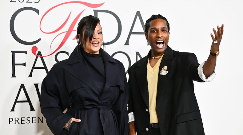 Rihanna, left, and A$AP Rocky attend the CFDA Fashion Awards, hosted by The Council of Fashion Designers of America, at The American Museum of Natural History on Monday, Nov. 3, 2025, in New York. (Photo by Evan Agostini/Invision/AP)