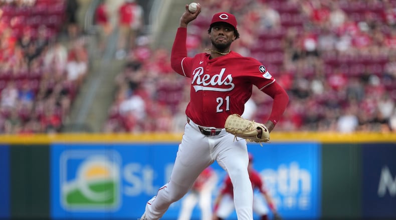 FILE - Cincinnati Reds' Hunter Greene delivers a pitch in the first inning of a baseball game against the Milwaukee Brewers, on June 3, 2025, in Cincinnati. (AP Photo/Kareem Elgazzar, File)