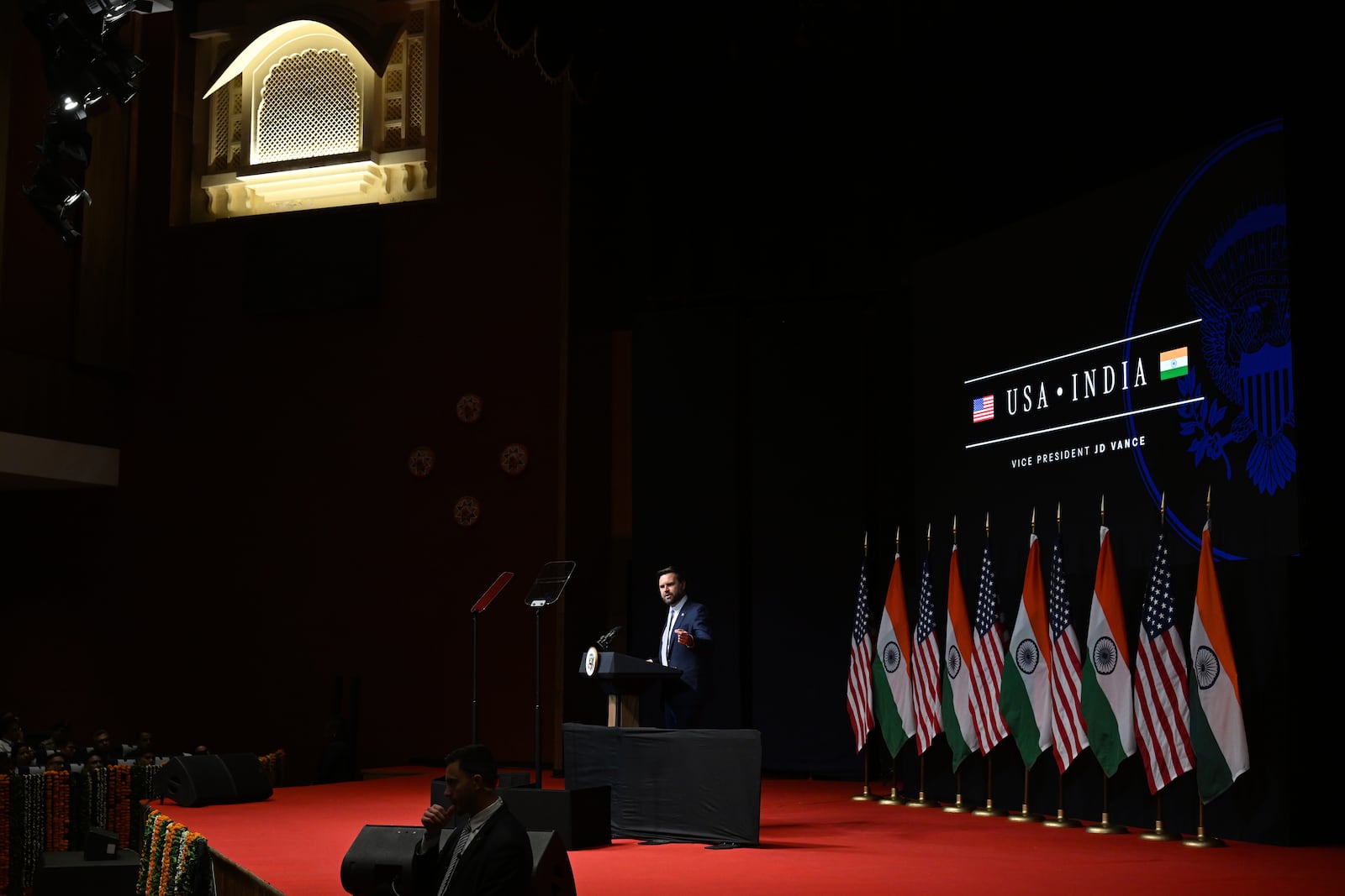 U.S. Vice President JD Vance delivers remarks at the Rajasthan International Centre in Jaipur, India, Tuesday, April 22, 2025. (Kenny Holston/The New York Times via AP, Pool)