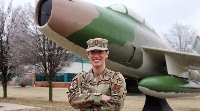 Cpt., Courtney Slater is a fulltime member of the Ohio Air National Guard and serves as the public affairs officer for the 178th wing unit in Springfield. Her husband Danny's unit is stationed out of Rickenbacker in Columbus and he has recently been put on alert. Hasan Karim/Staff