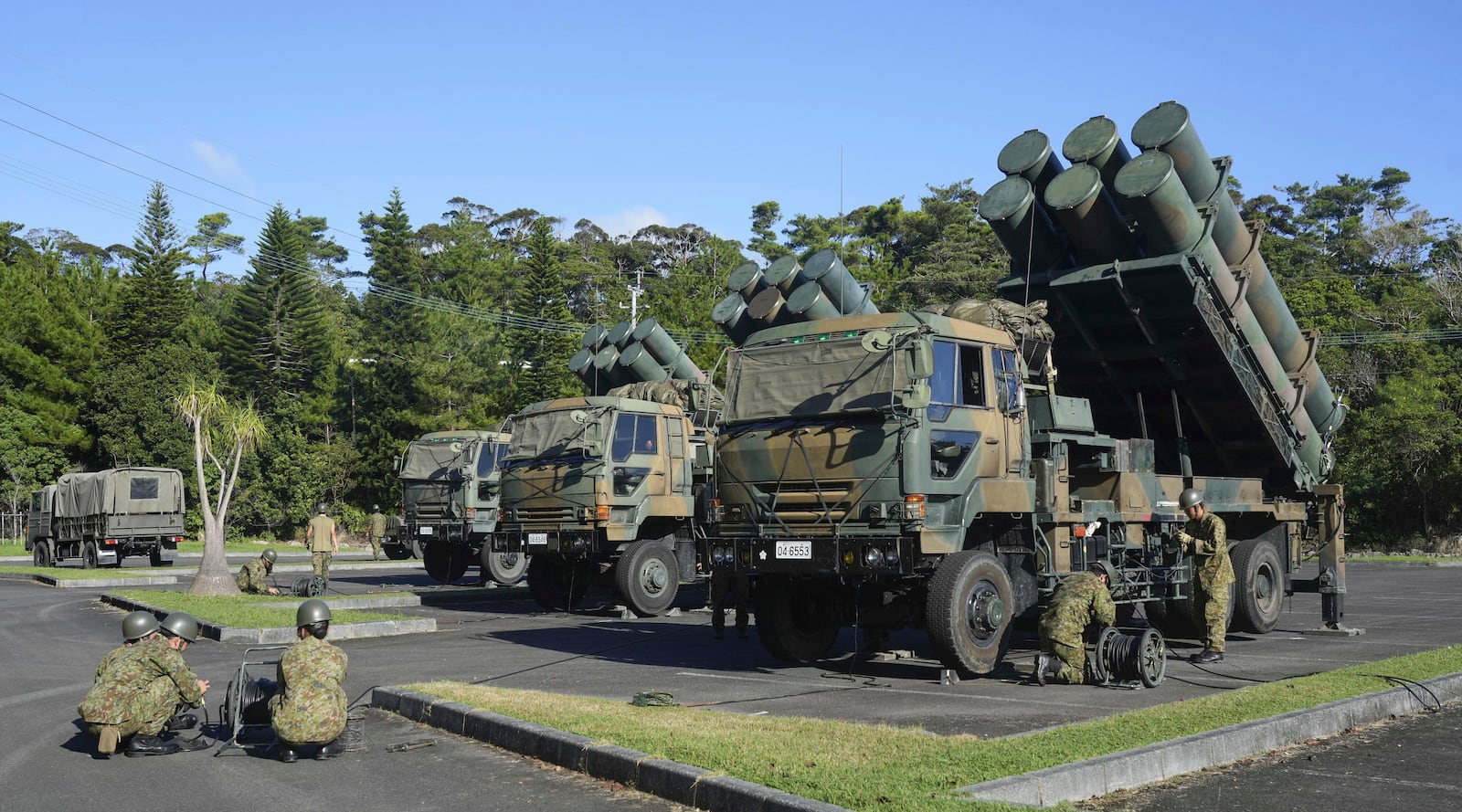Type-88 surface-to-ship short range missiles are deployed as part of a Japan-U.S. joint military excercise on Tokunoshima island, Kagoshima prefecture, southern Japan on Oct. 28, 2024. (Koji Harada/Kyodo News via AP)