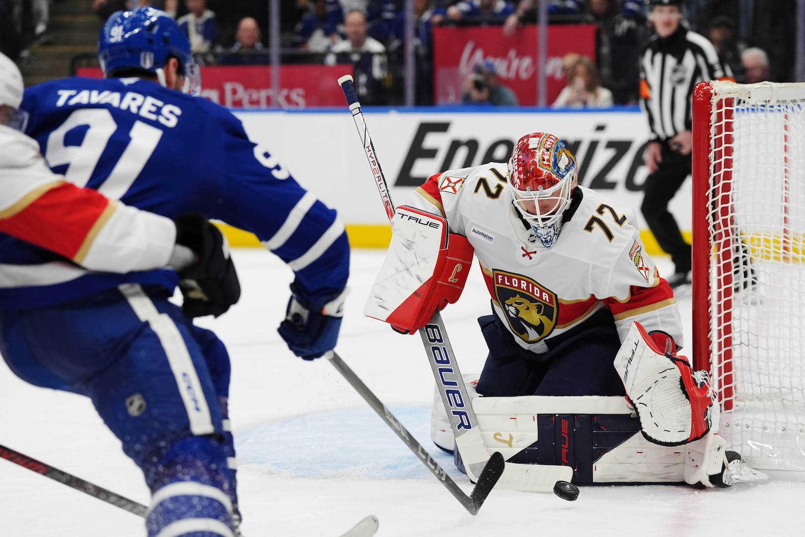 Florida Panthers goaltender Sergei Bobrovsky (72) makes a save against the Florida Panthers during second period NHL playoff hockey action in Toronto on Wednesday, May 7, 2025. (Frank Gunn/The Canadian Press via AP)