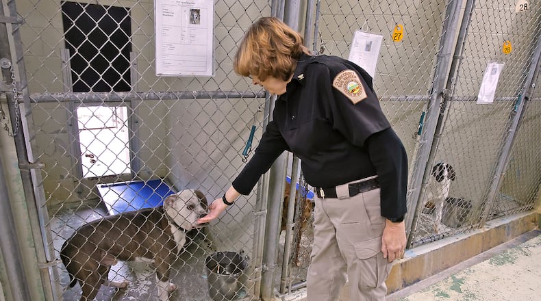 Clark County Dog Warden Sandi Click visits with the dogs up for adoption in the Clark County Dog Shelter Thursday, Jan. 18, 2024. BILL LACKEY/STAFF