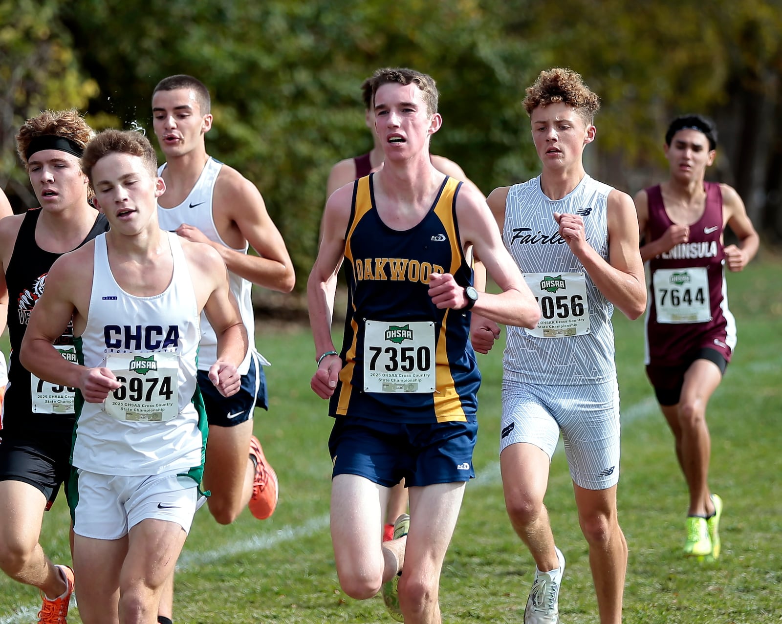 Oakwood senior Cameron Lindsey (7350)
runs at the OHSAA Division III State Cross Country Championships, Saturday, Nov. 1, 2025, at Fortress Obetz in Columbus. STEVEN WRIGHT / STAFF