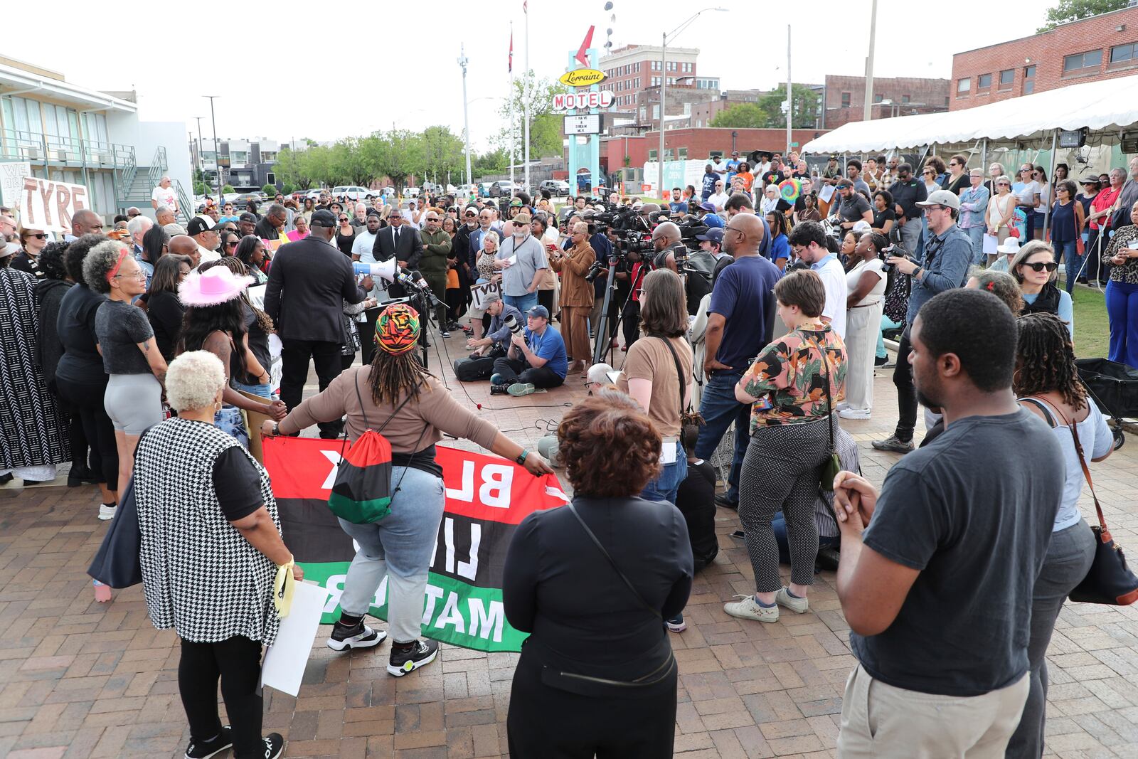 A crowd assembles to show support during a community rally in honor of Tyre Nichols, Thursday, May 8, 2025, in Memphis, Tenn. (AP Photo/Nikki Boertman)