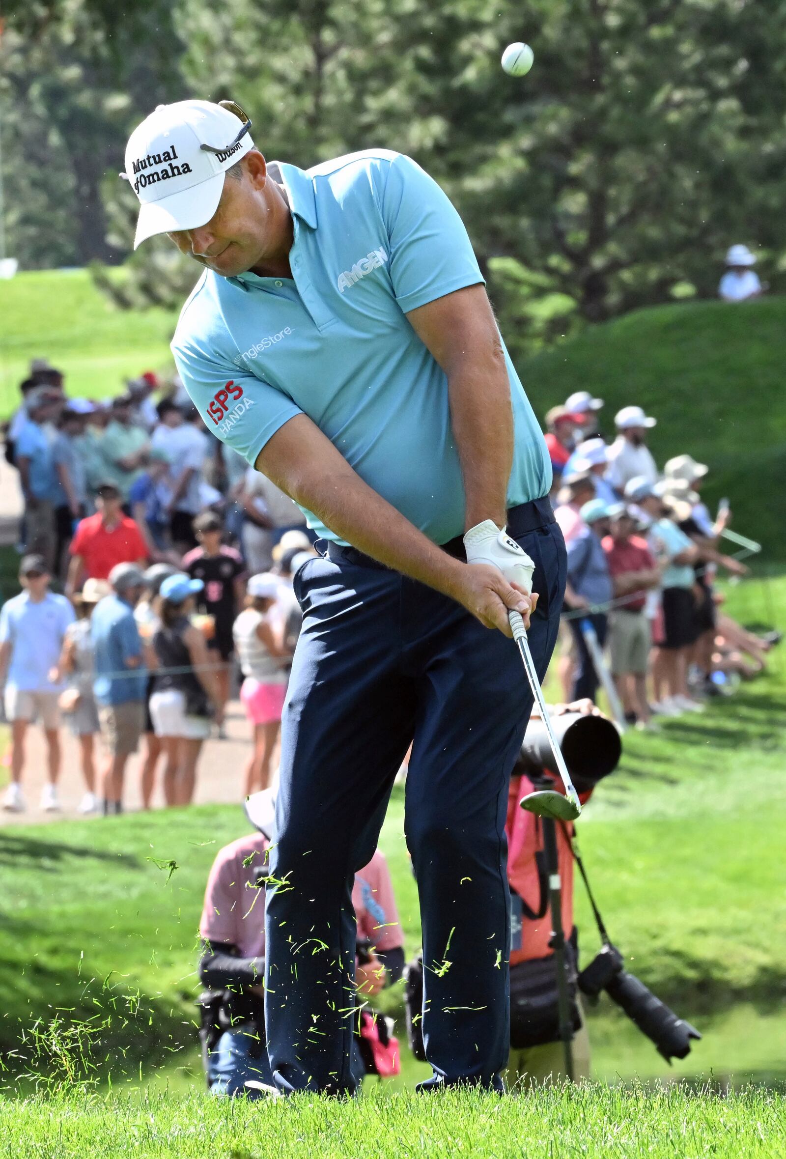 Padragh Harrington hits onto the third hole green during the U.S. Senior Open Championship golf tournament at the Broadmoor, Sunday, June 29, 2025, in Colorado Springs, Colo. (Jerilee Bennett/The Gazette via AP)