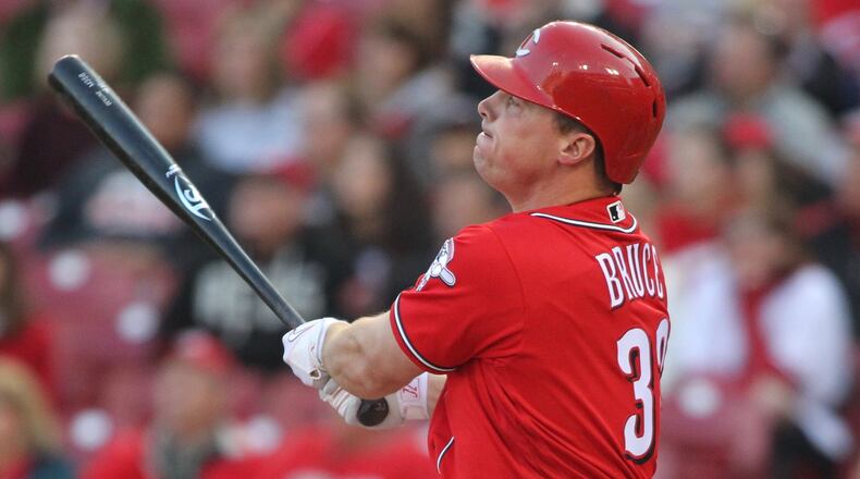 The Reds’ Jay Bruce hits a three-run home run in the first inning against the Brewers on Thursday, May 5, 2016, at Great American Ball Park in Cincinnati. David Jablonski/Staff