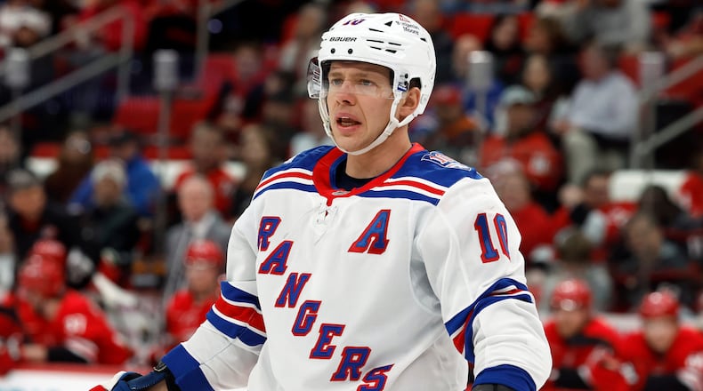 FILE - New York Rangers' Artemi Panarin (10) waits for a face-off during the first period of an NHL hockey game against the Carolina Hurricanes in Raleigh, N.C., Dec. 29, 2025. (AP Photo/Karl DeBlaker, File)