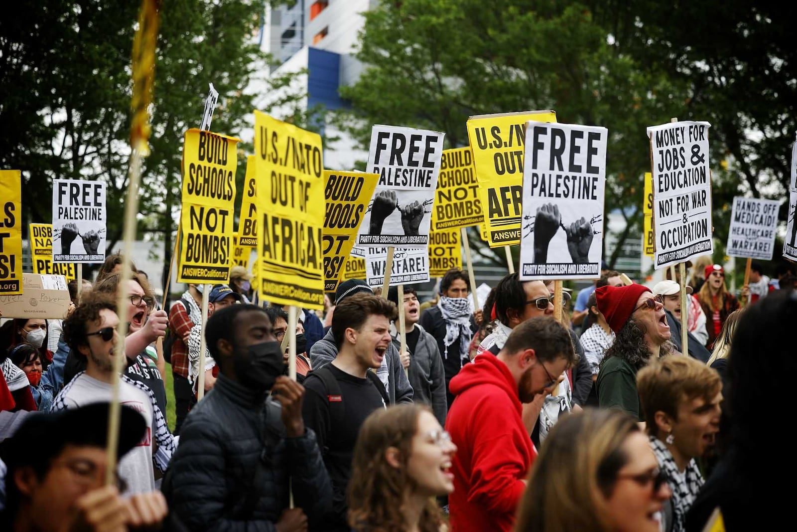 Protesters rally at Deeds Point MetroPark against NATO during the assembly on Sunday, May 25, 2025. NICK GRAHAM / STAFF