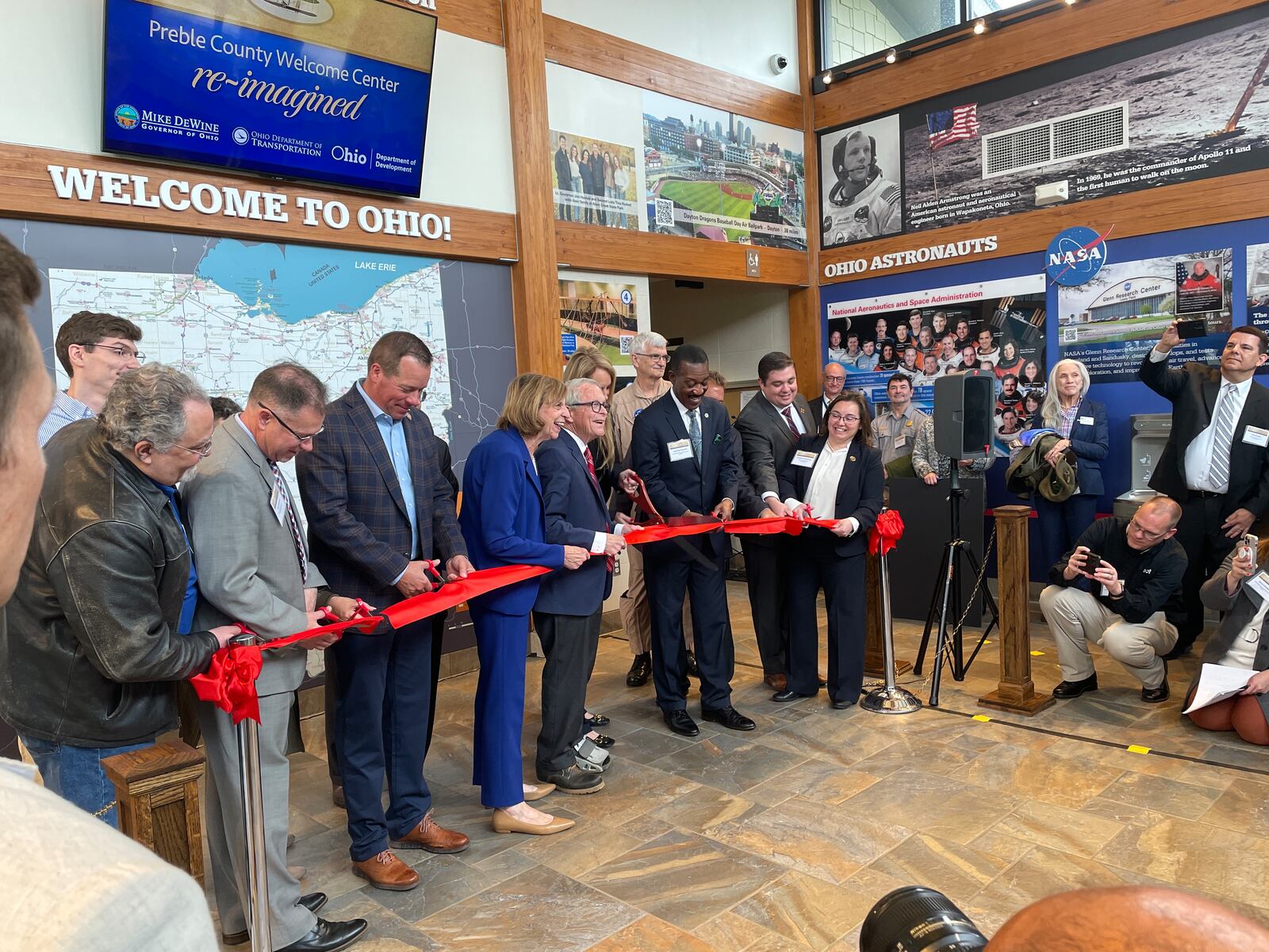 Ohio Governor Mike DeWine, First Lady Fran DeWine, Ohio Department of Transportation director Jack Marchbanks, and Ohio Department of Development director Lydia Mihalik unveiled the re-imagined Welcome Center on I-70 eastbound in Preble County and announced the plan to replace 33 rest area buildings over the next four years. SAMANTHA WILDOW\STAFF