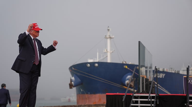 President Donald Trump dances after speaking at the Port of Corpus Christi in Corpus Christi, Texas, Friday, Feb. 27, 2026. (AP Photo/Matt Rourke)