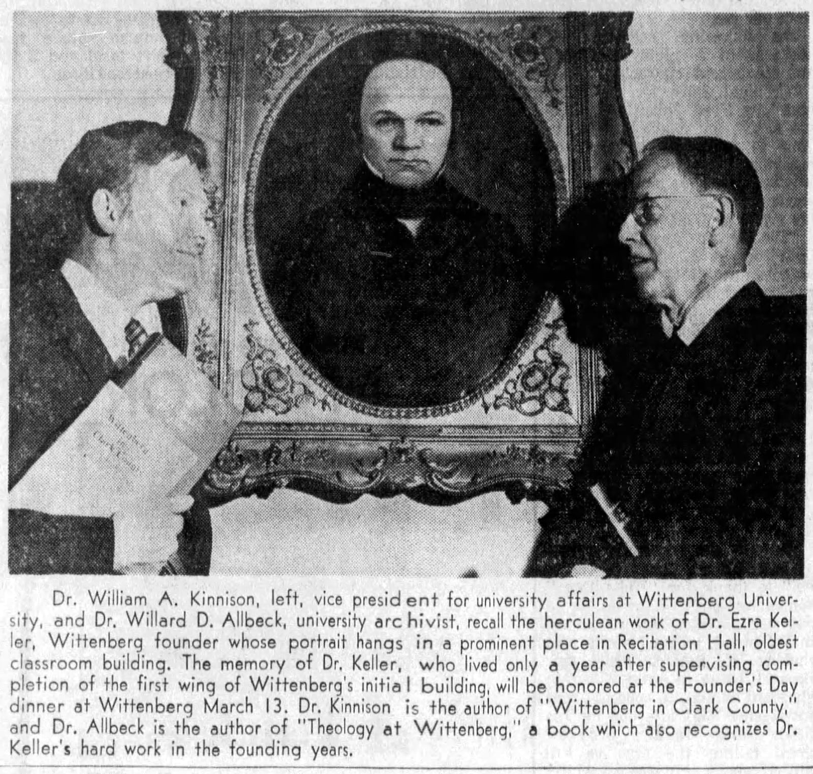 Dr. William A. Kinnison, left, vice president for university affairs at Wittenberg University, and Dr. Willard D. Allbeck, university professor, read the handwritten work of Dr. Ezra Keller, Wittenberg founder whose portrait hangs in a prominent place in Recitation Hall, the university's oldest building. SPRINGFIELD NEW SUN ARCHIVES 1971