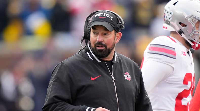 Ohio State head coach Ryan Day seen during the first half of an NCAA college football game against Michigan, Saturday, Nov. 25, 2023, in Ann Arbor, Mich. (AP Photo/Carlos Osorio)
