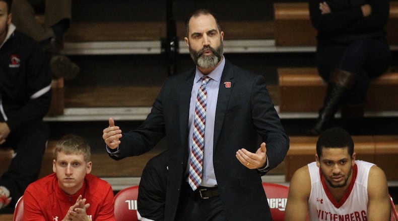 Wittenberg’s Matt Croci coaches against DePauw on Wednesday, Jan. 24, 2018, at Pam Evans Smith Arena in Springfield. David Jablonski/Staff
