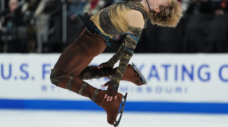 Ilia Malinin competes during the men's short program at the U.S. Figure Skating Championships, Thursday, Jan. 8, 2026, in St. Louis. (AP Photo/Stephanie Scarbrough)