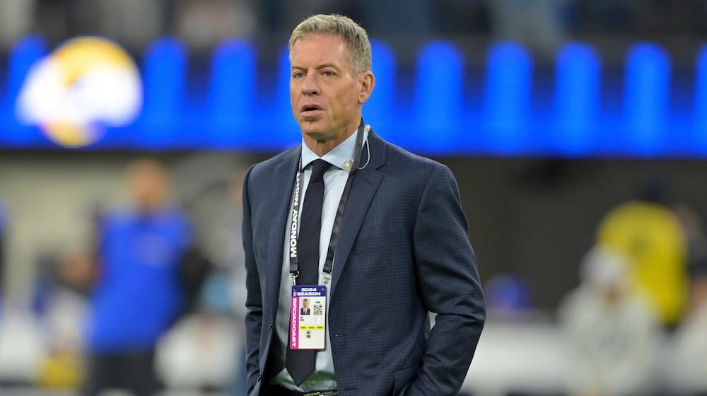FILE - Troy Aikman prior to an NFL football game between the Los Angeles Rams and the Miami Dolphins, Monday, Nov. 11, 2024, in Inglewood, Calif. (AP Photo/Jayne Kamin-Oncea, File)