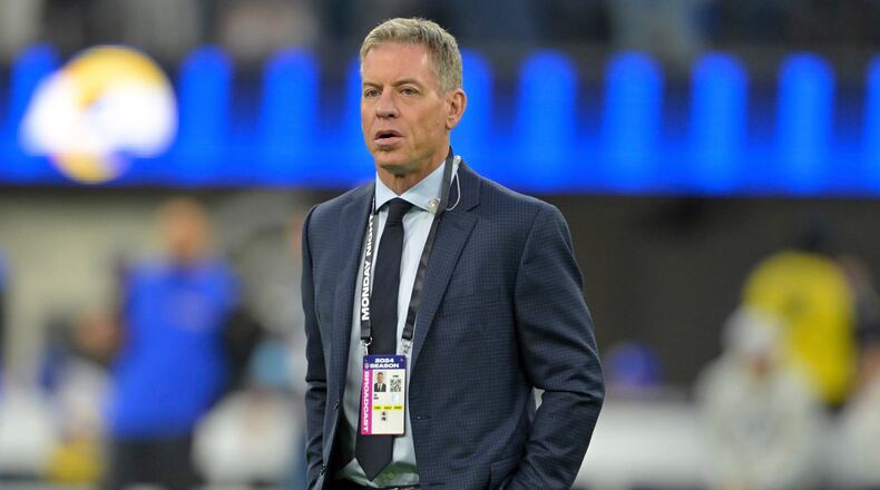 FILE - Troy Aikman prior to an NFL football game between the Los Angeles Rams and the Miami Dolphins, Monday, Nov. 11, 2024, in Inglewood, Calif. (AP Photo/Jayne Kamin-Oncea, File)
