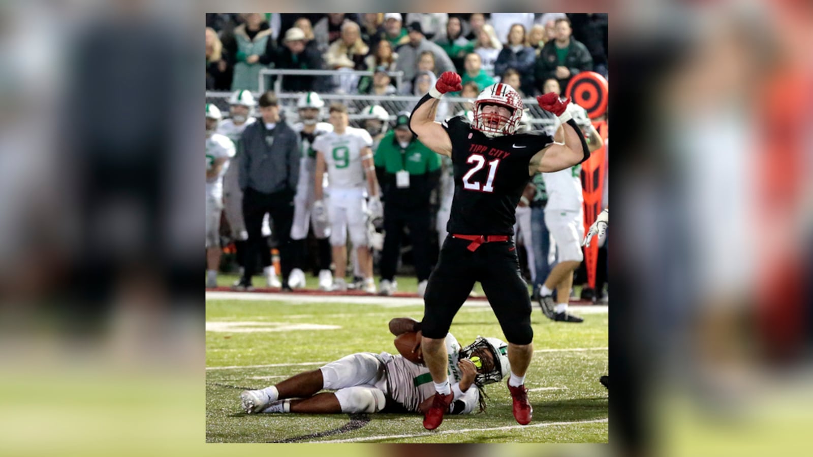 Tippecanoe senior Collin Isaac celebrates a stop on third down during a 23-16 win against Badin in the Division III playoffs on Friday, Nov. 14, 2025, in Tipp City. STEVEN WRIGHT / STAFF