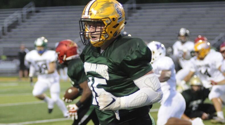North linebacker Jaden Jenkins (Kenton Ridge) had an interception. The North defeated the South 13-7 in the MVFCA All-Stars football game at Centerville on Friday, June 8, 2018. MARC PENDLETON / STAFF