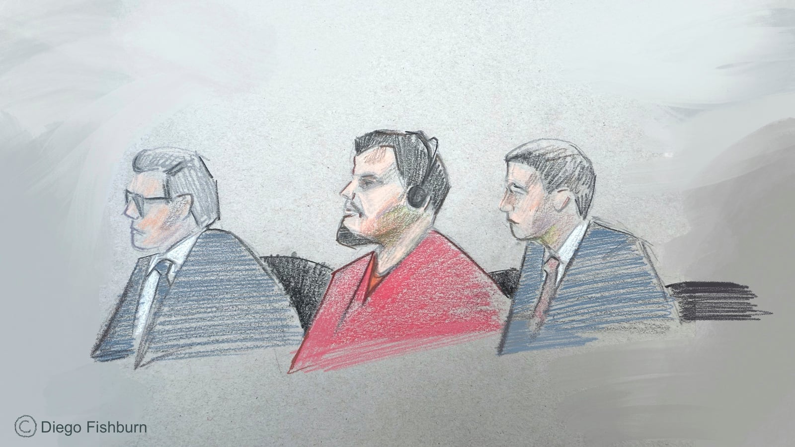 This courtroom sketch depicts, from left, attorney Sean Hecker, Kilmar Abrego Garcia and attorney Rascoe Dean in court during Garcia's detention hearing on Wednesday, June 25, 2025, in Nashville, Tenn. (AP Photo/Diego Fishburn)