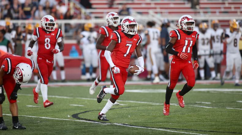 Trotwood-Madison's Jahmale Clark returns to the sideline after an interception against Springfield on Friday, Sept. 1, 2023, in Trotwood. David Jablonski/Staff